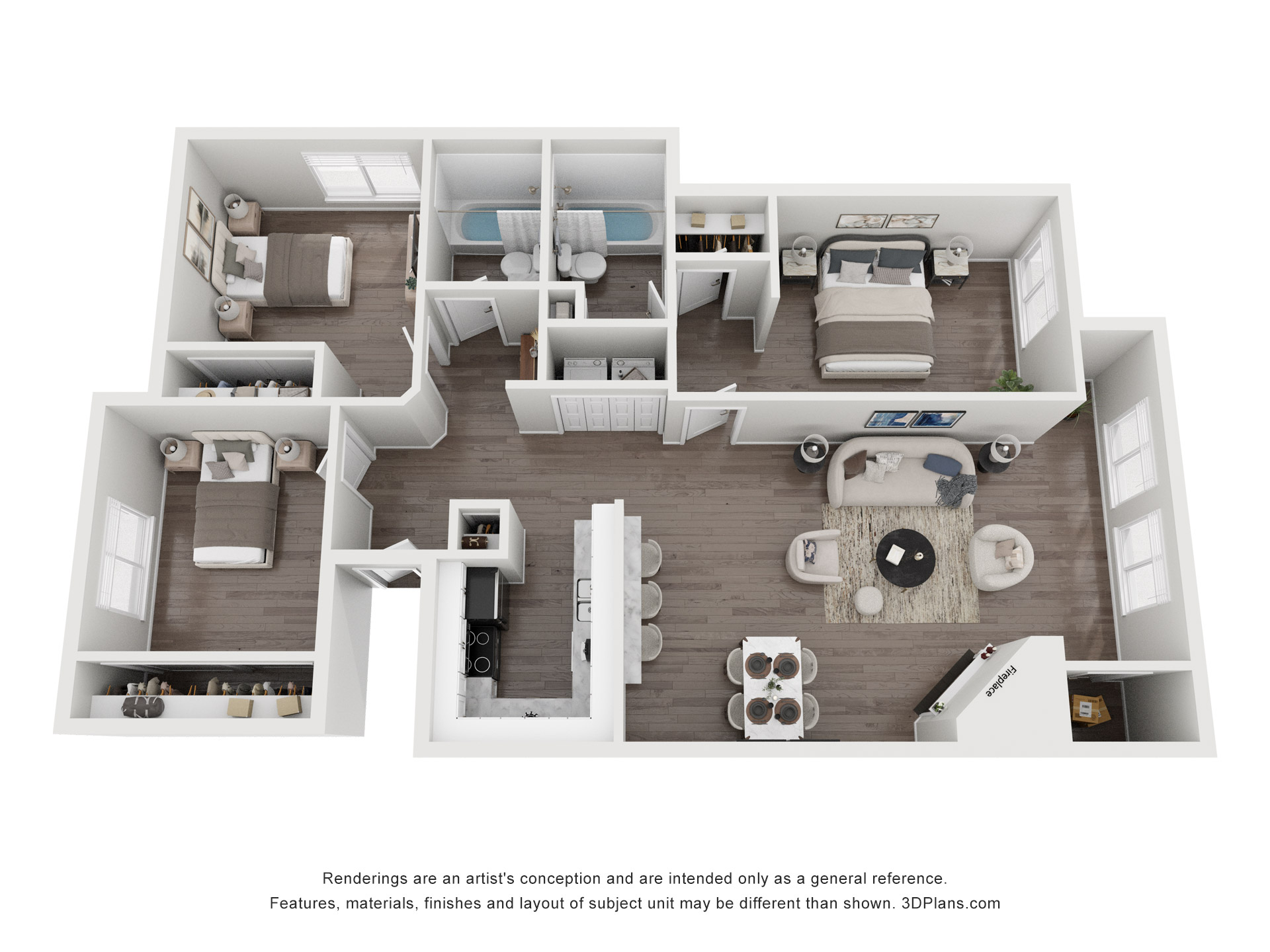 Floor plan for 3 beds, 2 baths, 1230 sqft